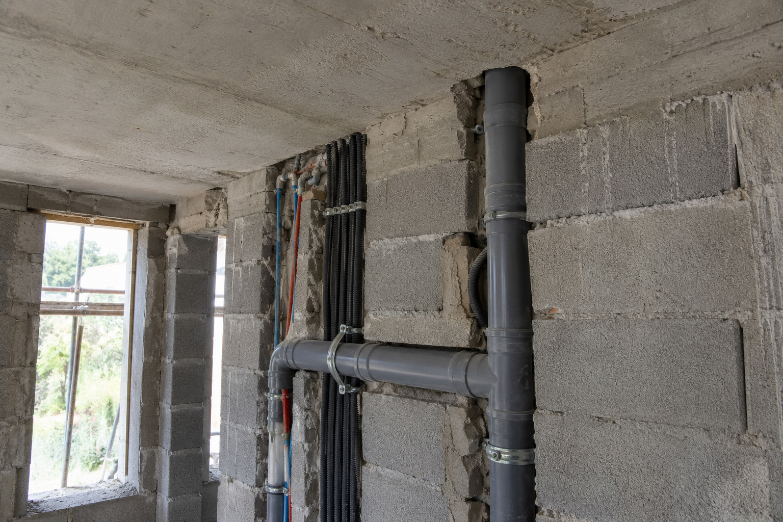 Sive PVC cijevi centralnog usisa u nežbukanom zidu, uz elektro i vodovodne instalacije
