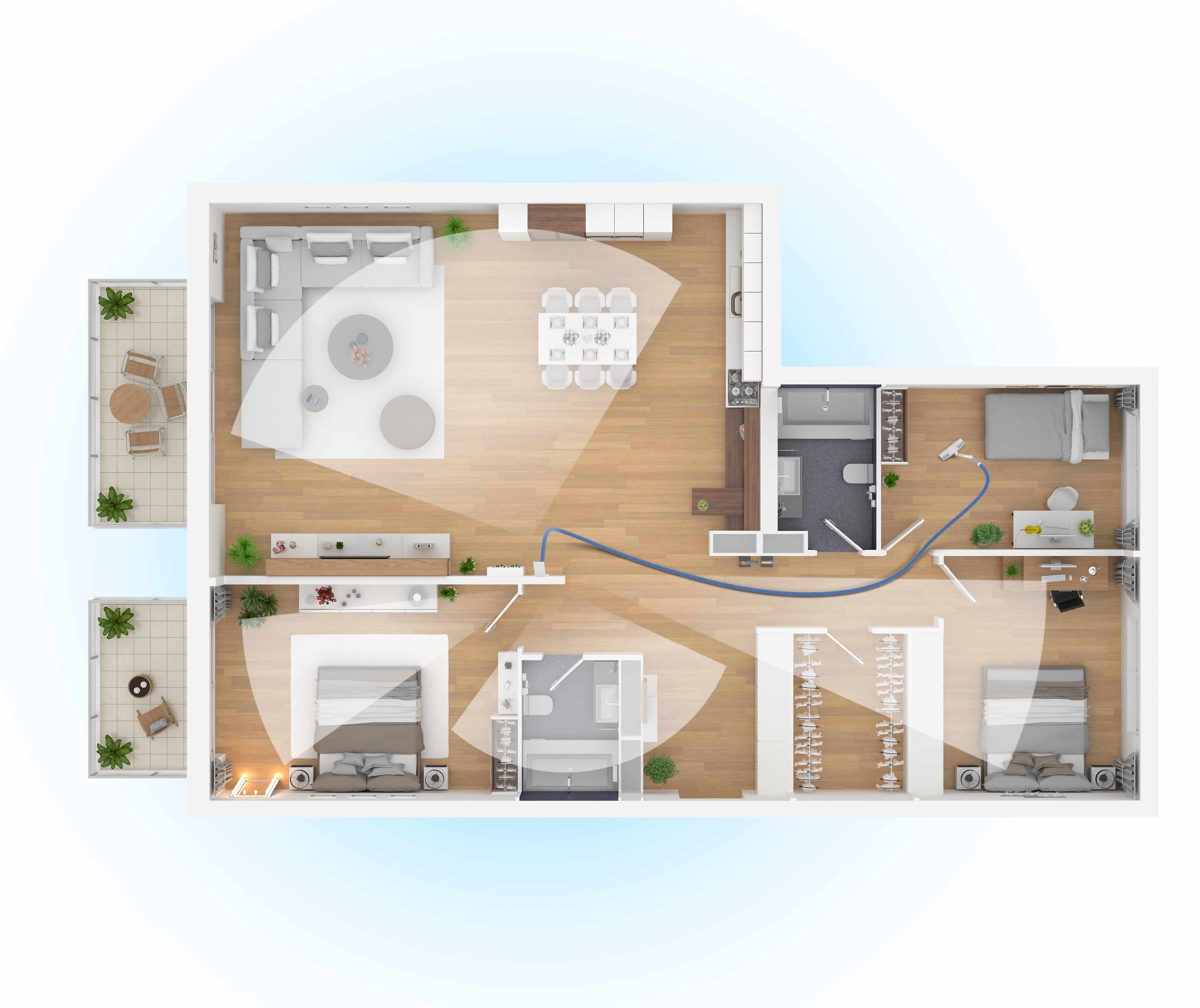 Tlocrt stana odozgo s prikazom dosega svake usisne utičnice i crijevom u boji